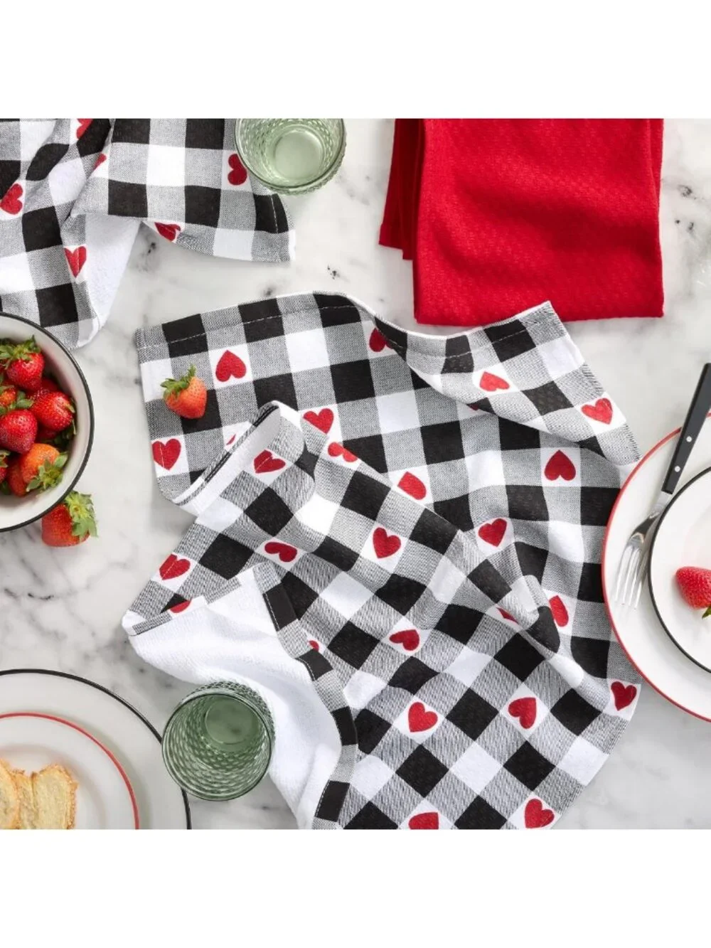 Valentine's Day Gingham Hearts Kitchen Towels Set - 100% Cotton, Absorbent